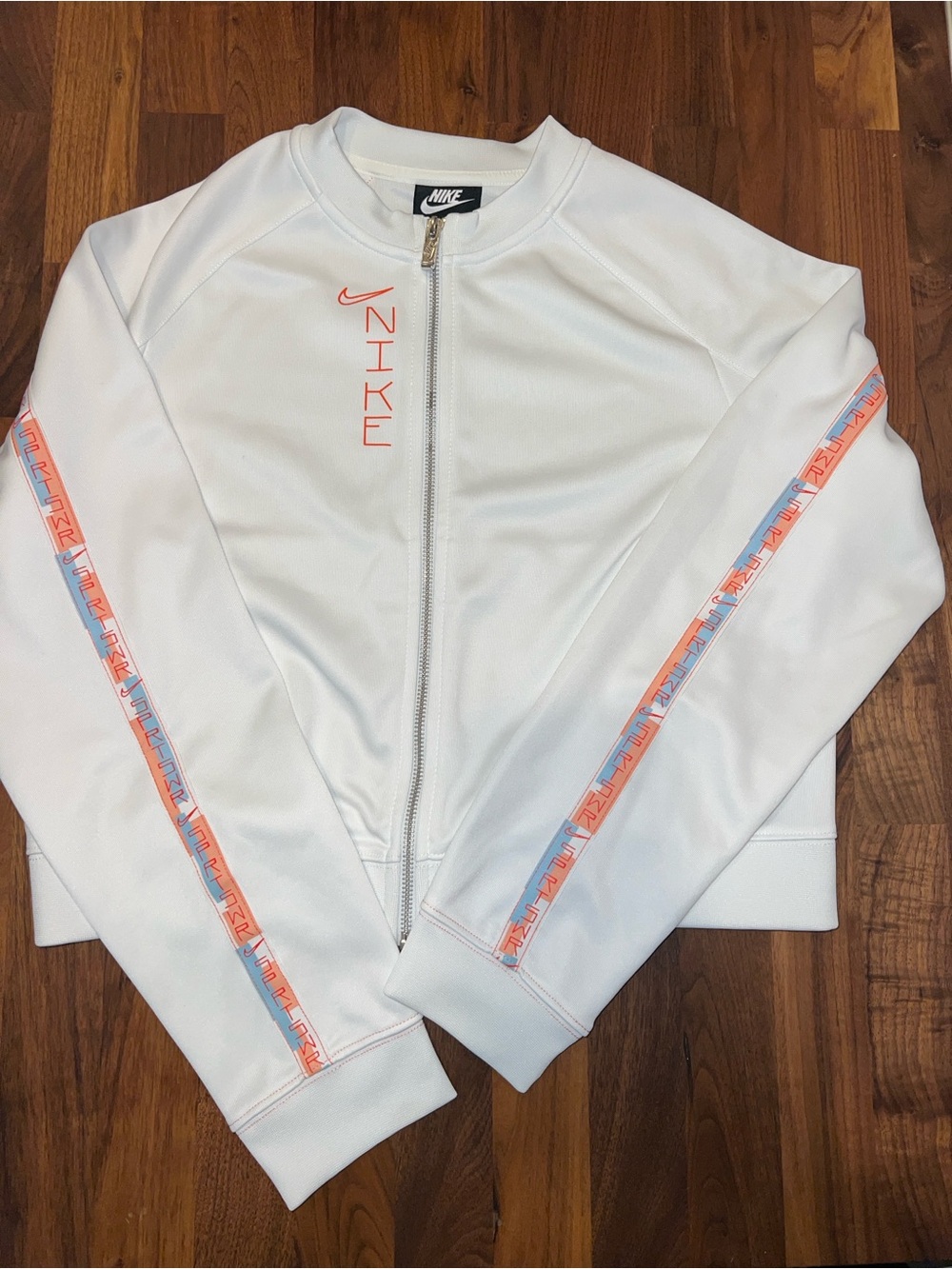 Nike White Crop Bomber Jacket with Coral and Light Blue Trim